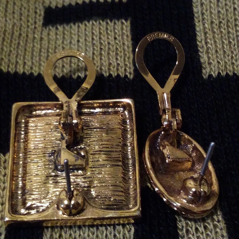 Vintage 2 Pair Premier Gold Tone Omega Clip Earrings Engraved